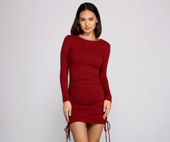 Ruched And Ribbed Knit Crew Neck Mini Dress Oshnow
