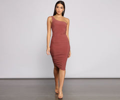 Ruched Stunner One Shoulder Midi Dress Oshnow