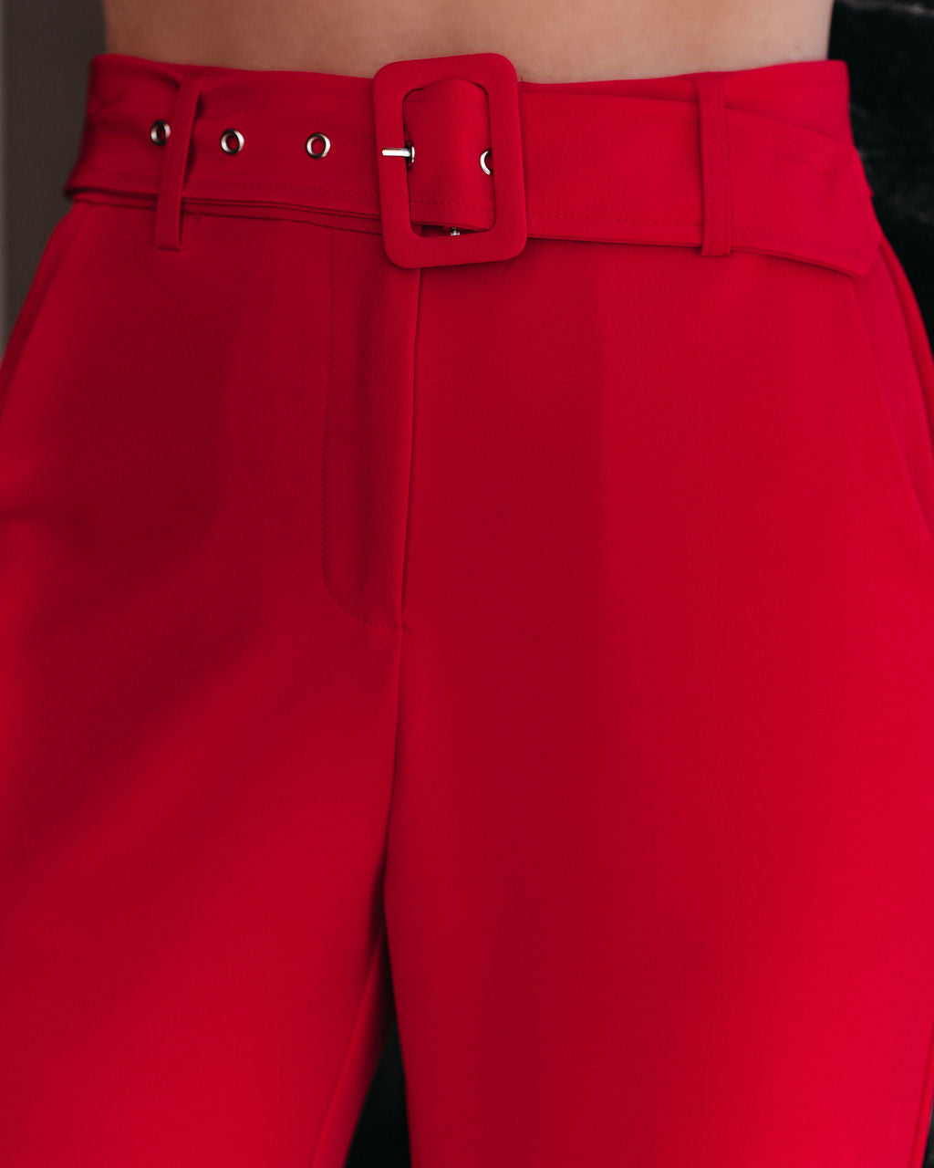 Runway Pocketed Belted Flare Trousers - Red Oshnow