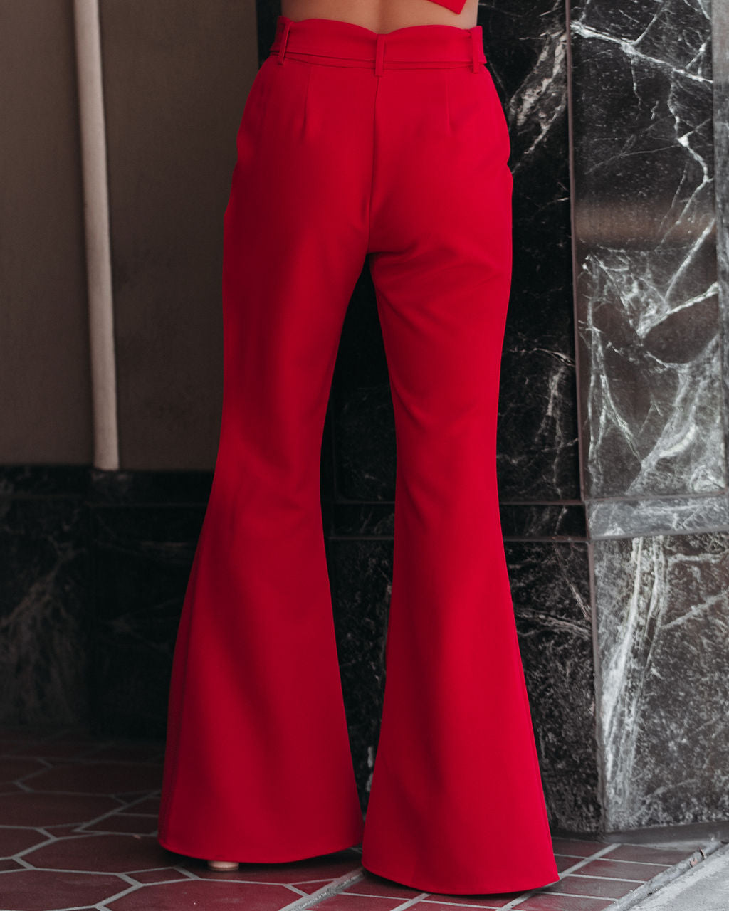 Runway Pocketed Belted Flare Trousers - Red Oshnow