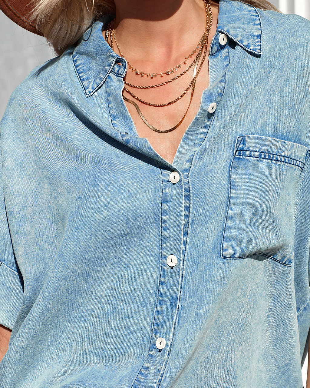 Rustin Chambray Button Down Top - Light Wash Oshnow