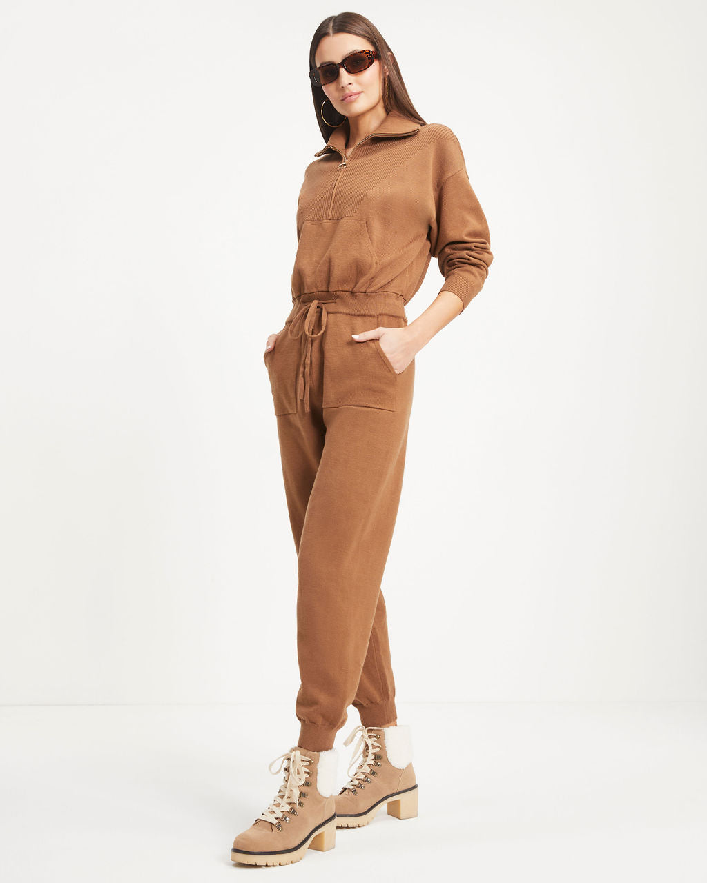 Ryker Pocketed Half Zip Knit Jumpsuit - Camel Oshnow