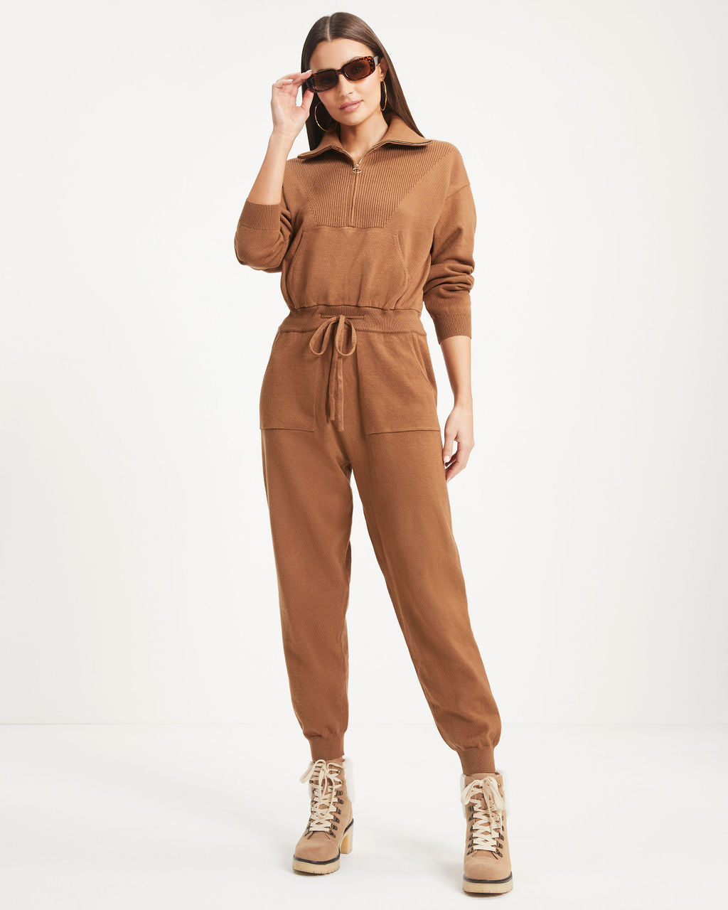 Ryker Pocketed Half Zip Knit Jumpsuit - Camel Oshnow