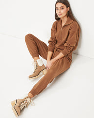 Ryker Pocketed Half Zip Knit Jumpsuit - Camel Oshnow