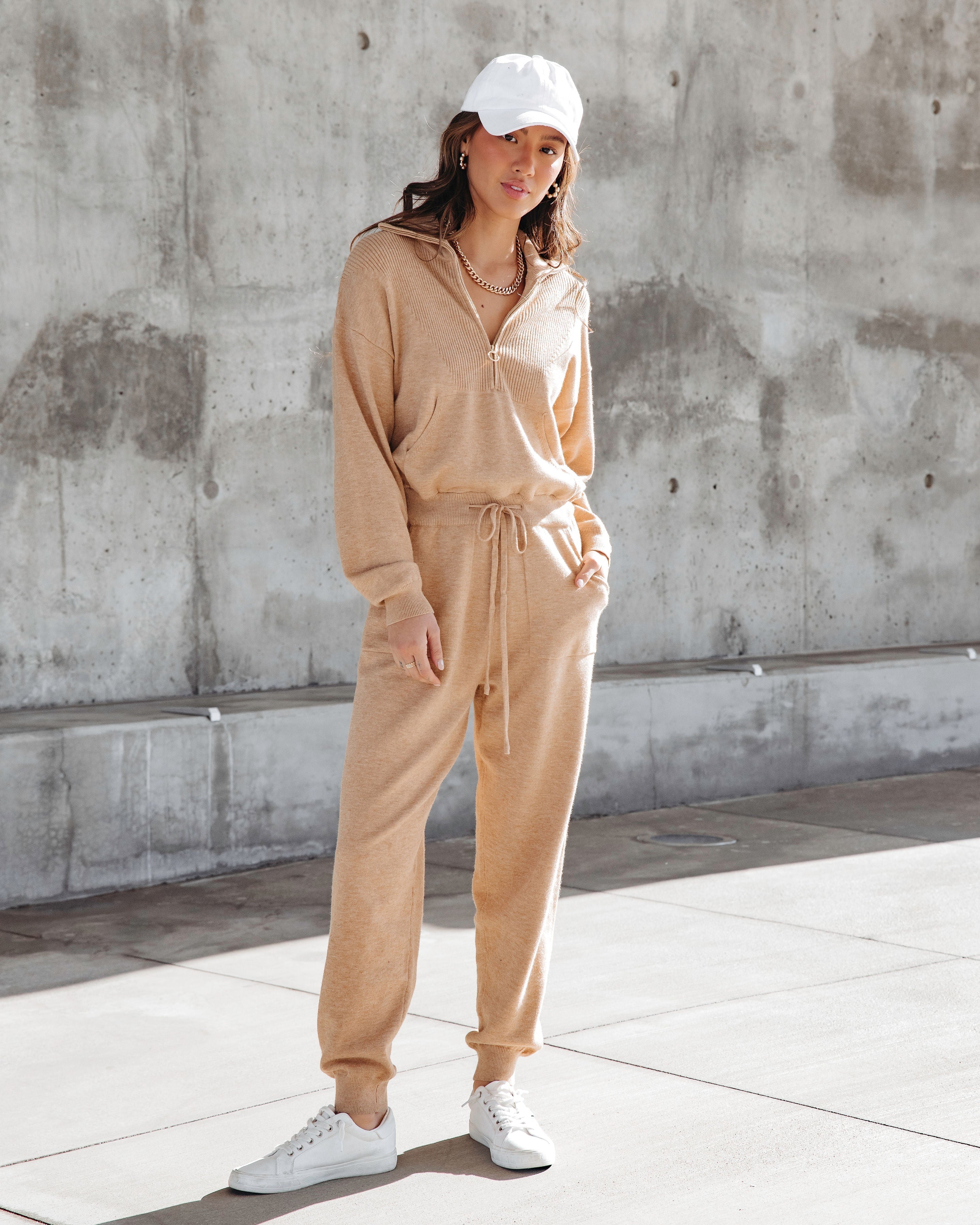 Ryker Pocketed Half Zip Knit Jumpsuit - Oatmeal Oshnow