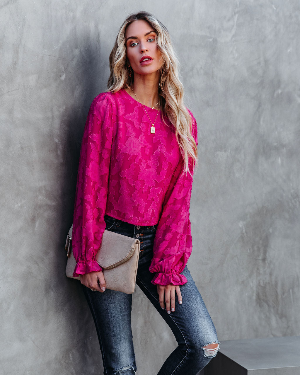 Saba Floral Textured Crop Blouse - Magenta Oshnow