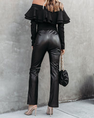 Sandra Faux Leather Split Hem Pants - Black Oshnow
