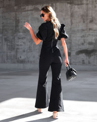 Sarah Denim Puff Sleeve Flare Jumpsuit - Black Oshnow