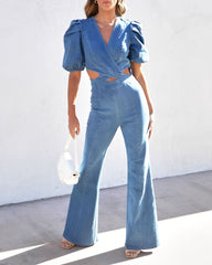 Sarah Denim Puff Sleeve Flare Jumpsuit - Blue Oshnow