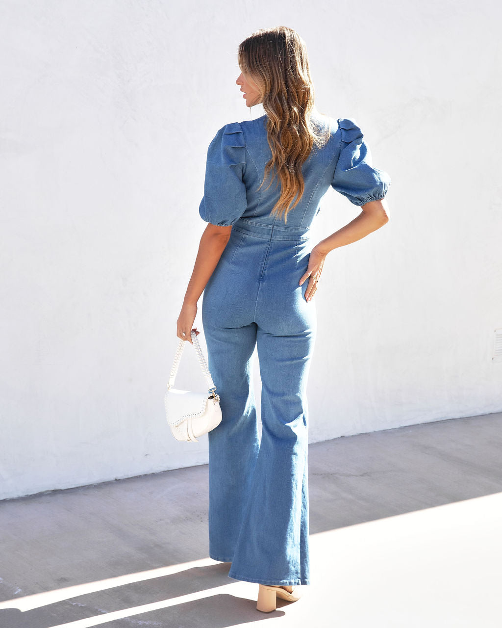 Sarah Denim Puff Sleeve Flare Jumpsuit - Blue Oshnow