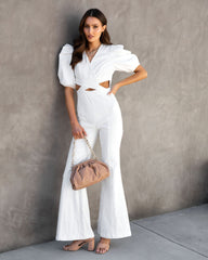 Sarah Denim Puff Sleeve Flare Jumpsuit - White Oshnow