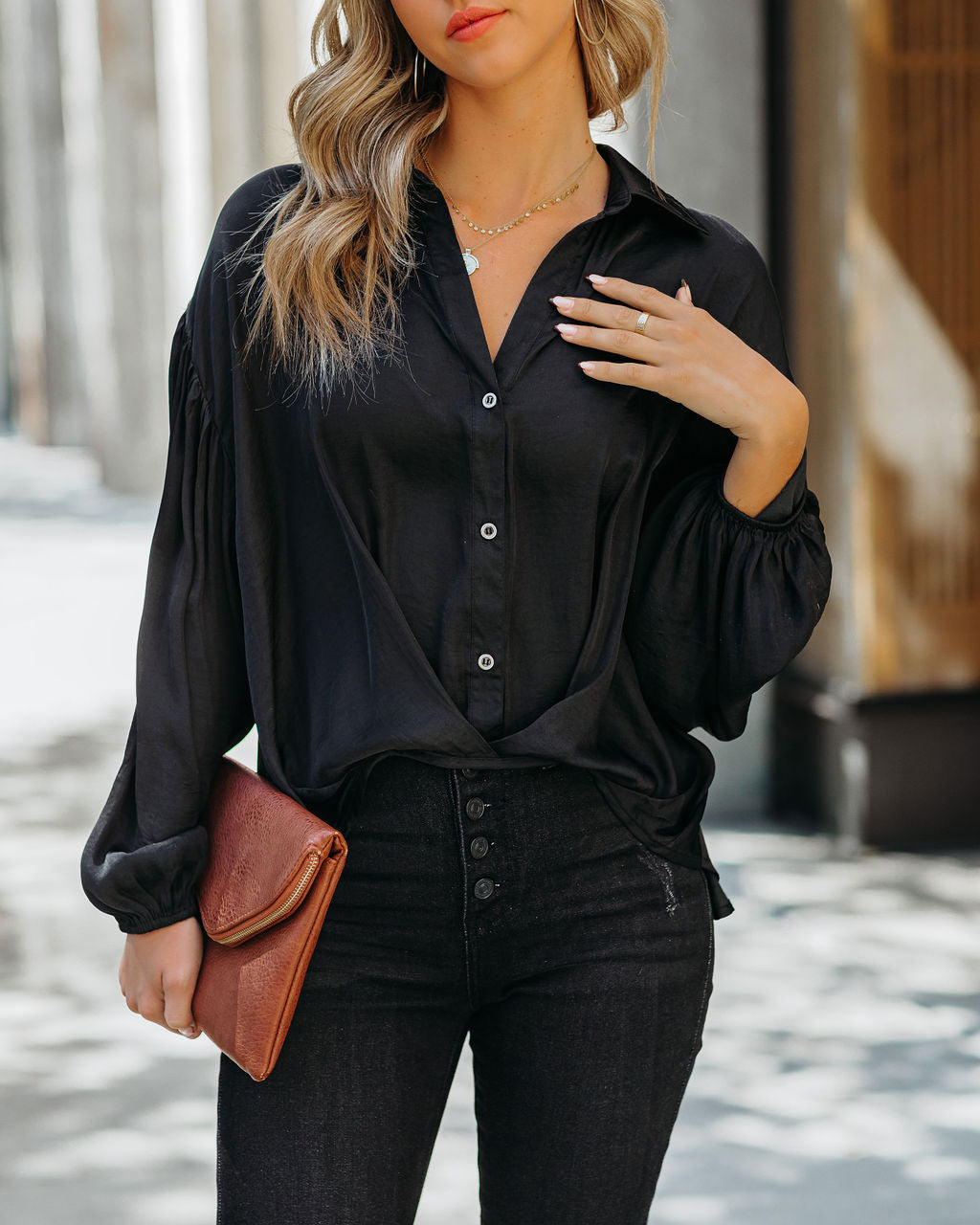 Sarah Satin Button Down Blouse - Black Oshnow