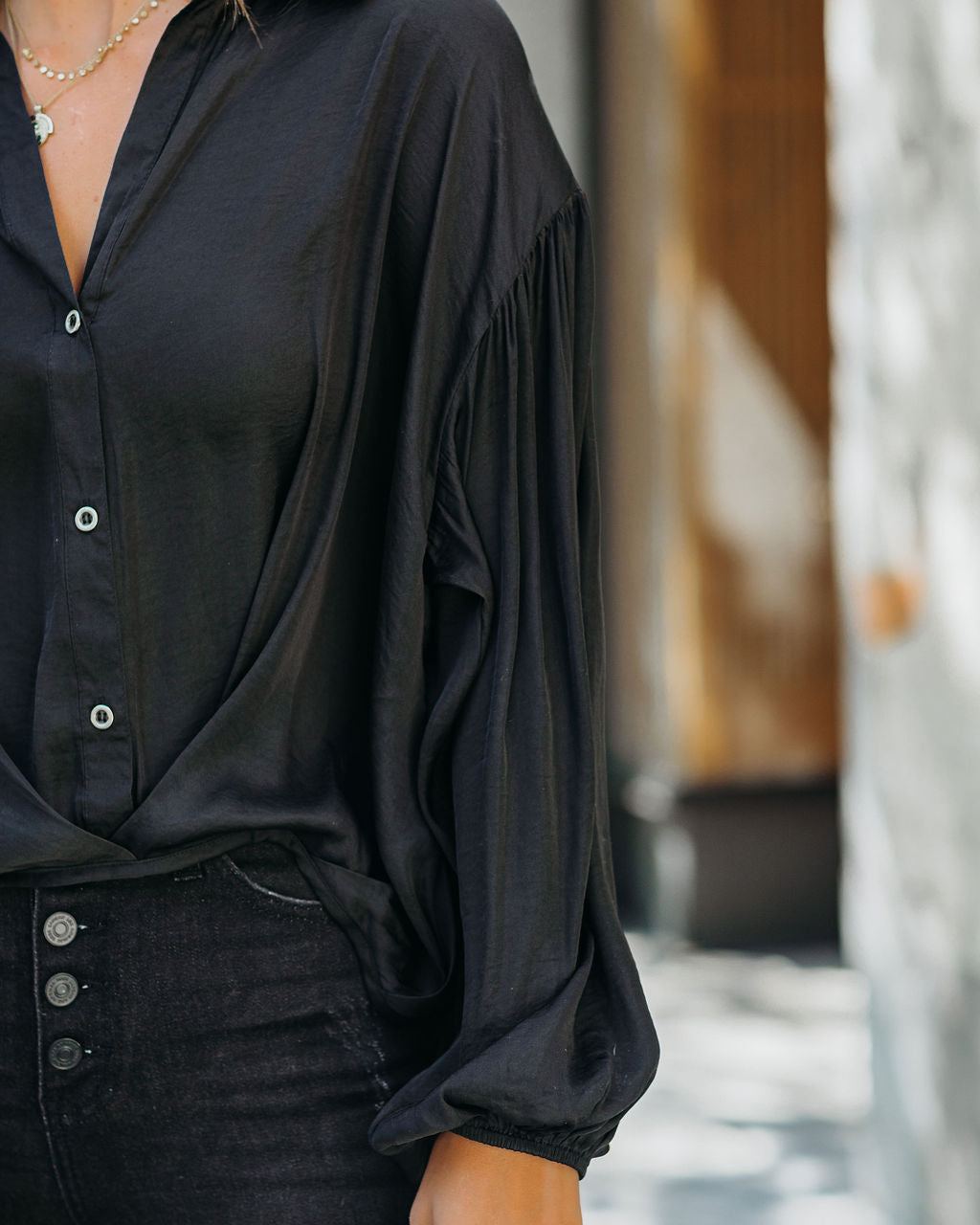 Sarah Satin Button Down Blouse - Black Oshnow