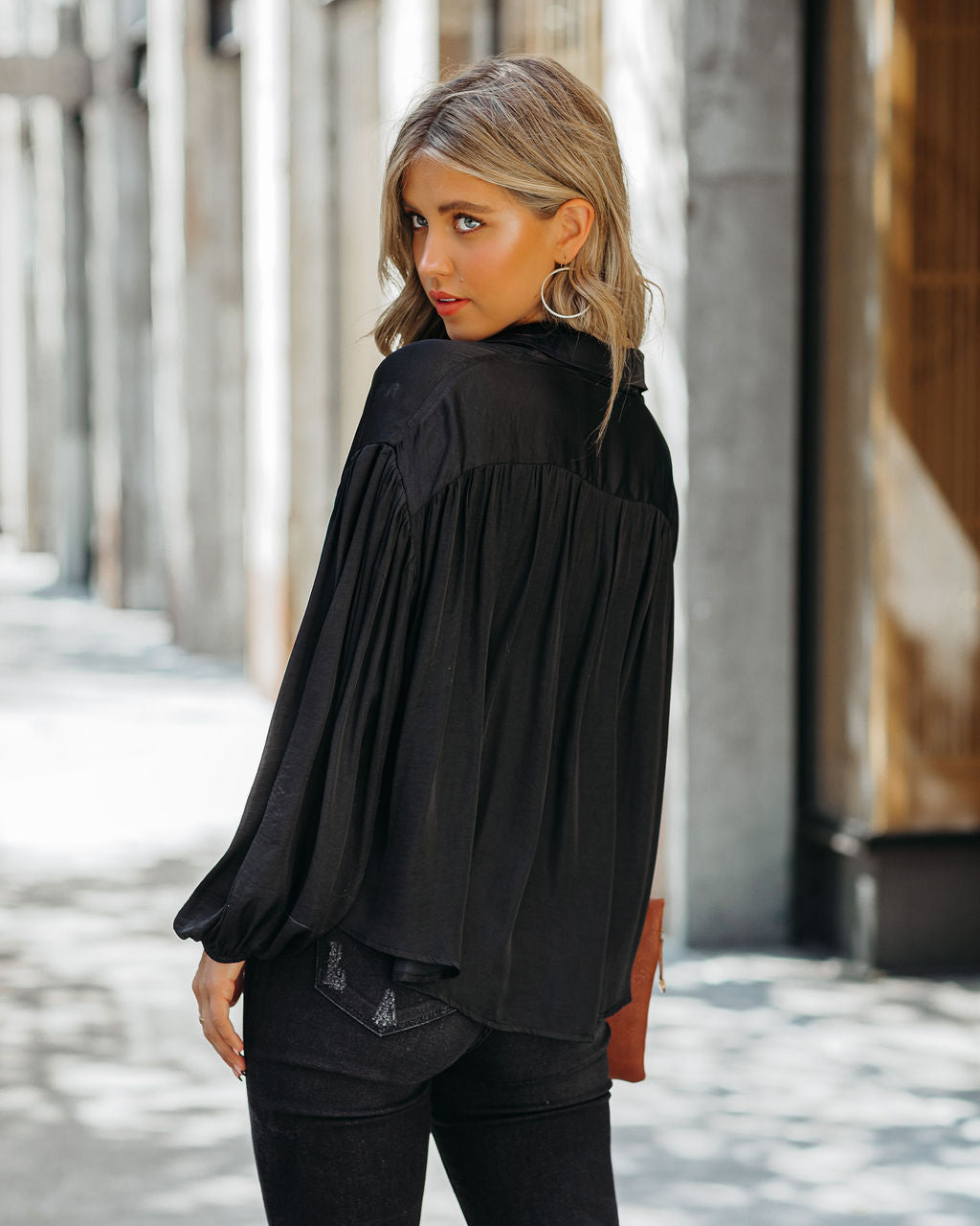 Sarah Satin Button Down Blouse - Black Oshnow