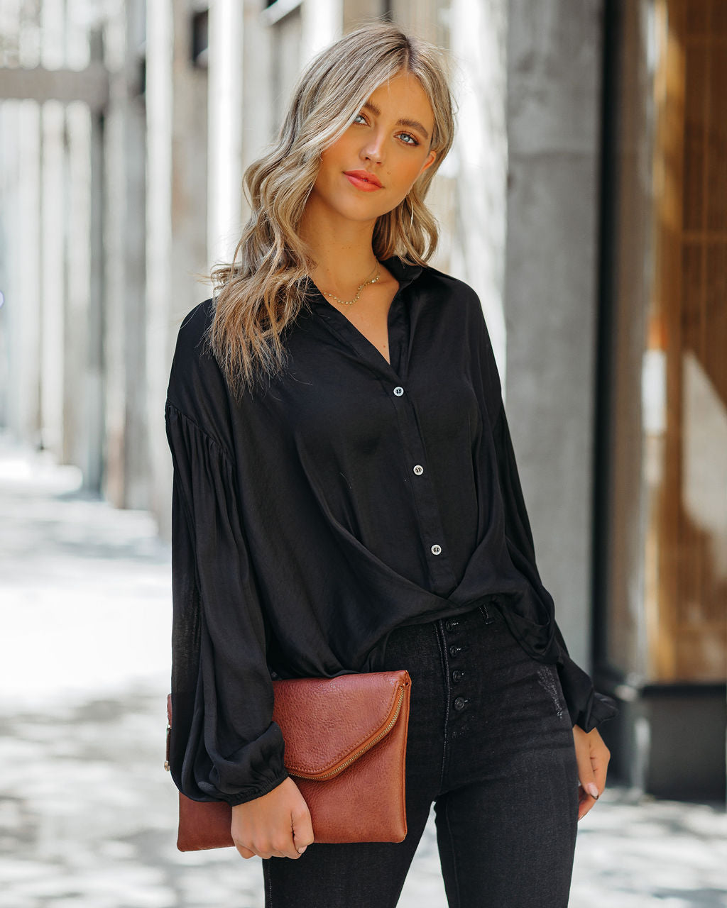 Sarah Satin Button Down Blouse - Black Oshnow