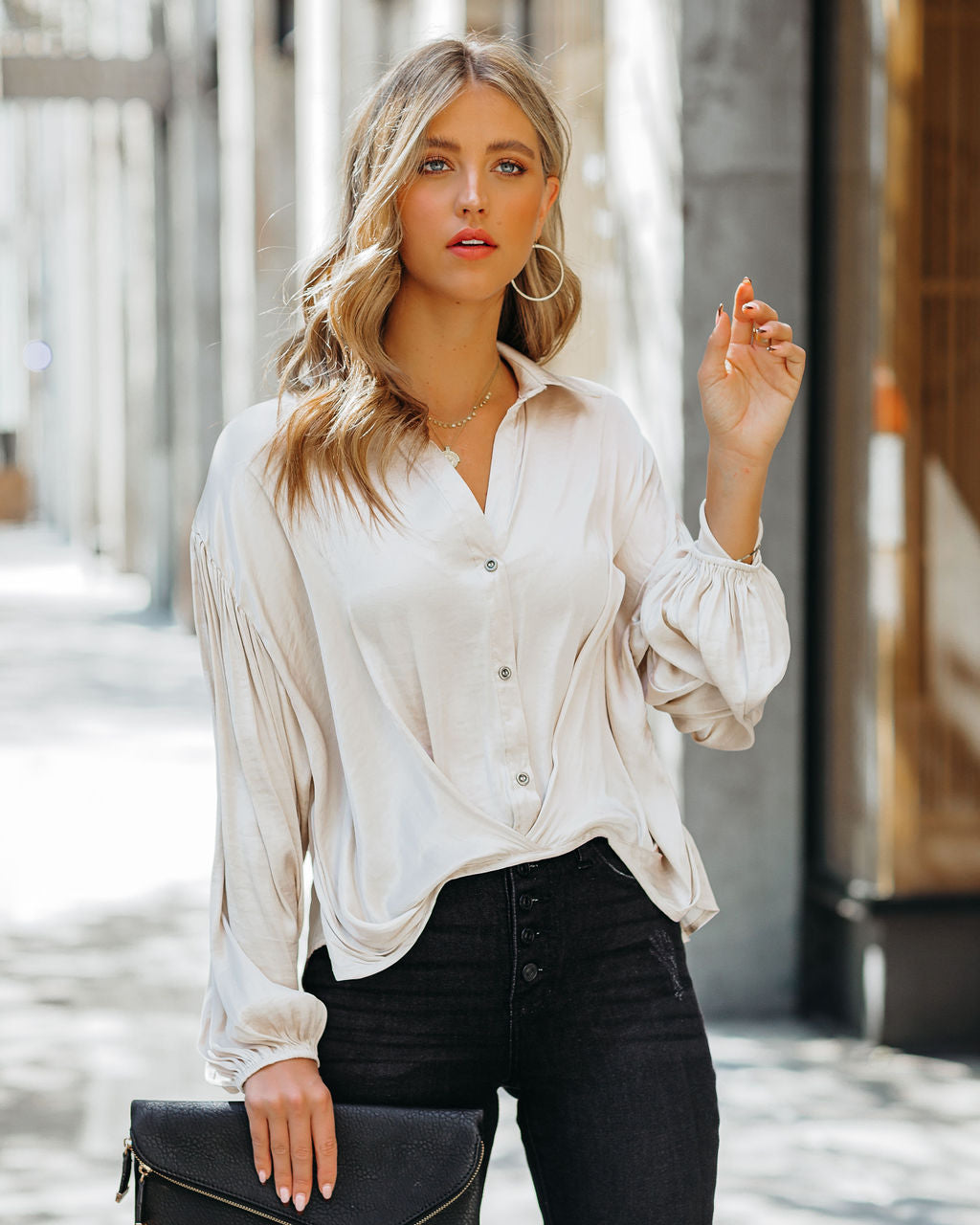 Sarah Satin Button Down Blouse - Champagne Oshnow