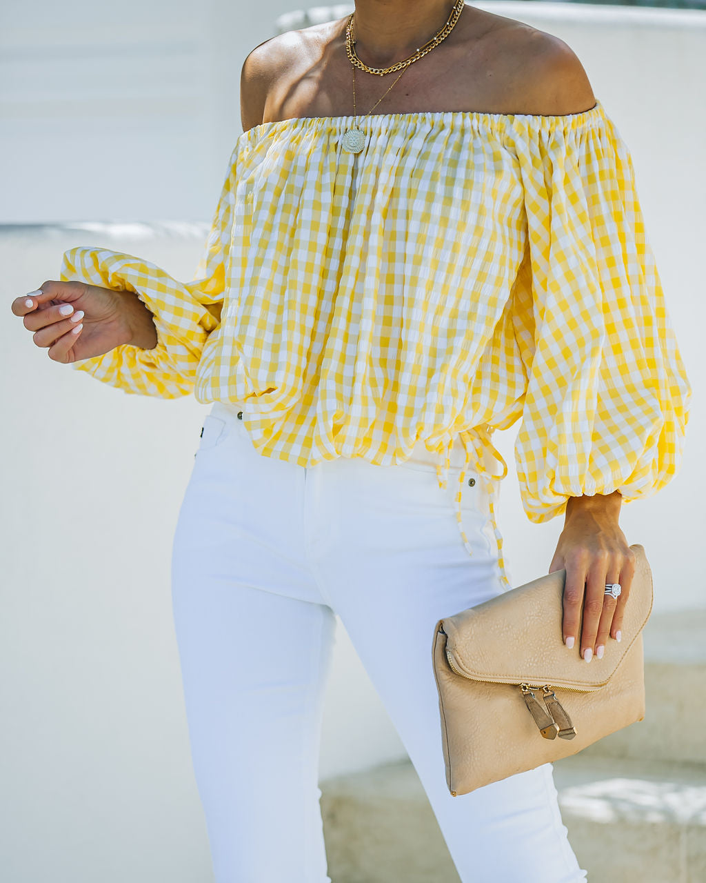 Saskia Gingham Off The Shoulder Blouse Oshnow