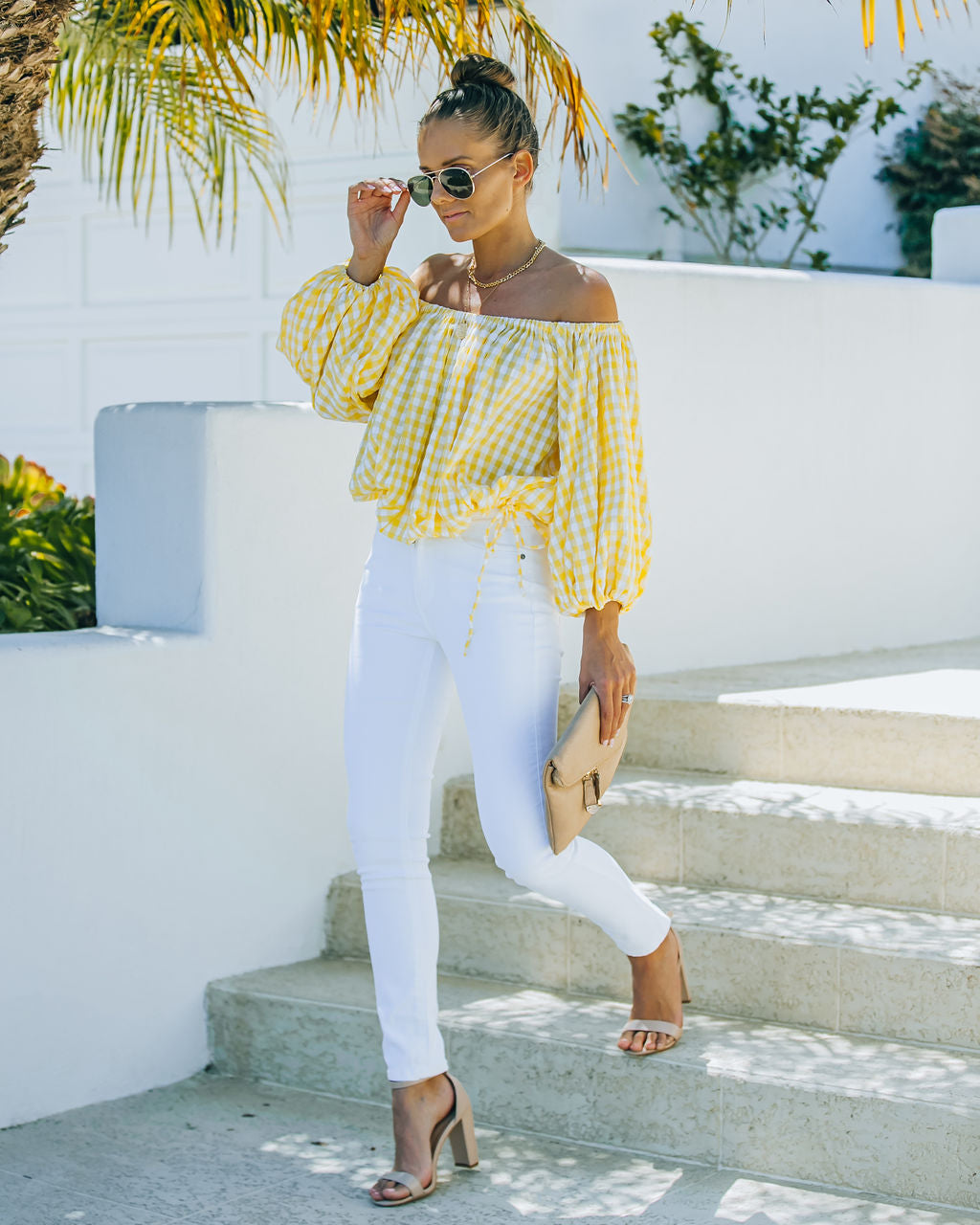 Saskia Gingham Off The Shoulder Blouse Oshnow