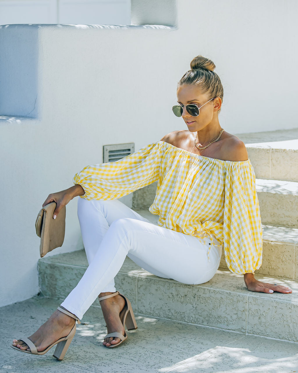 Saskia Gingham Off The Shoulder Blouse Oshnow