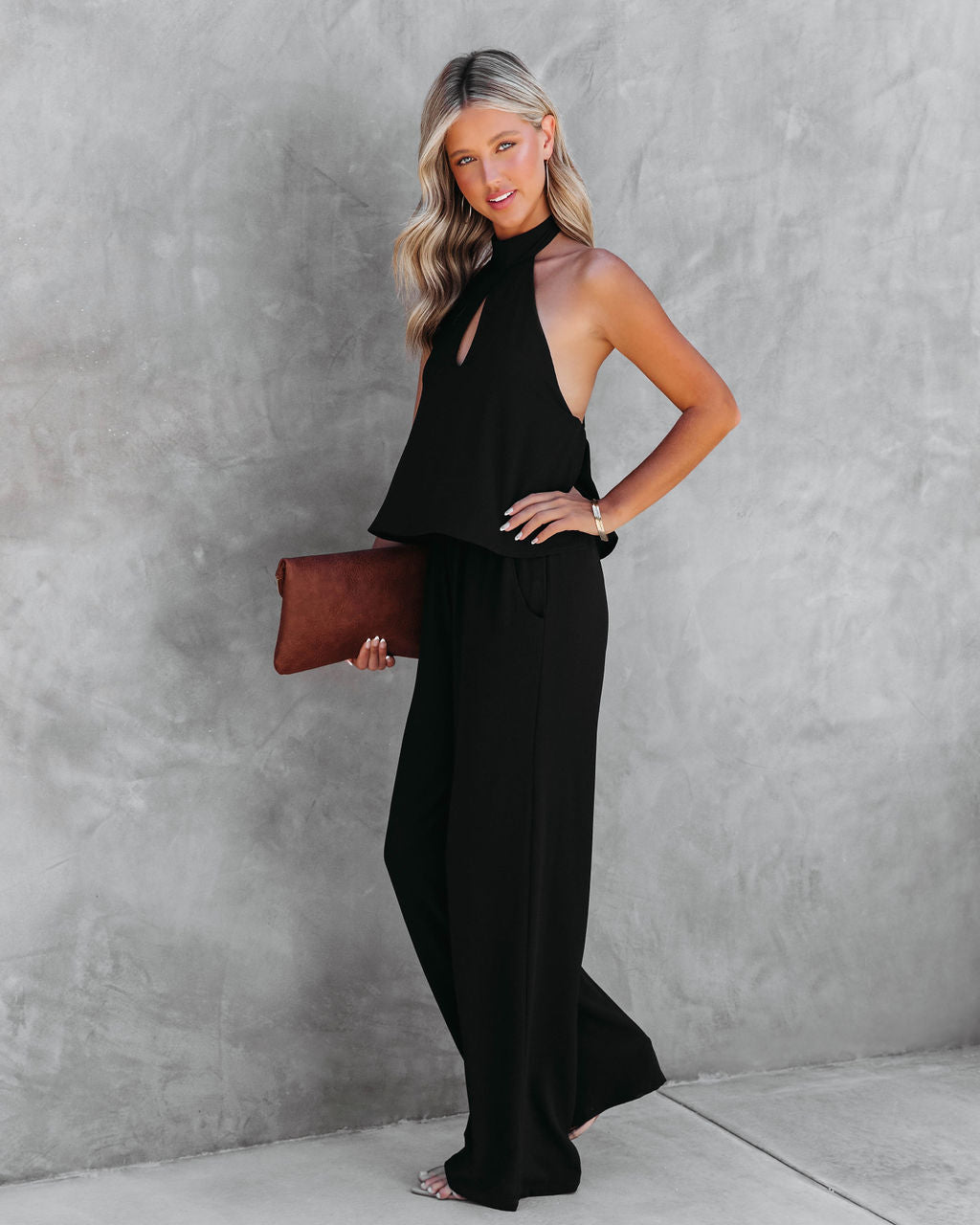 Saturday Night Fever Halter Pocketed Jumpsuit - Black Oshnow