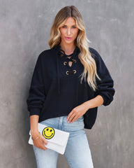 Savannah Lace Up Hooded Pullover Sweater - Black Oshnow