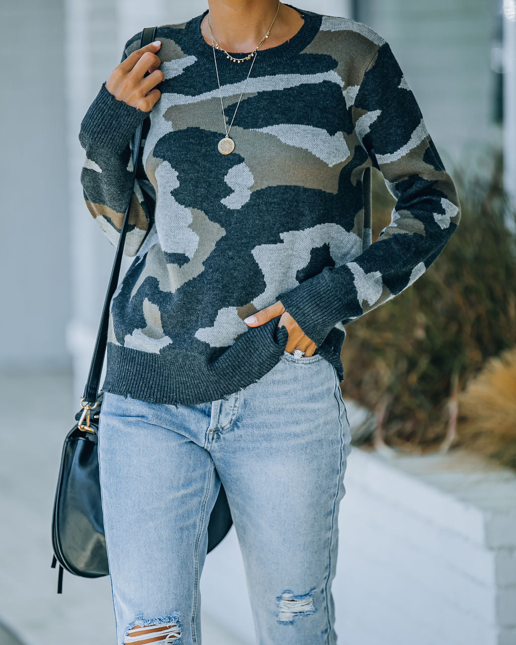 Sawyer Distressed Camo Knit Sweater Oshnow