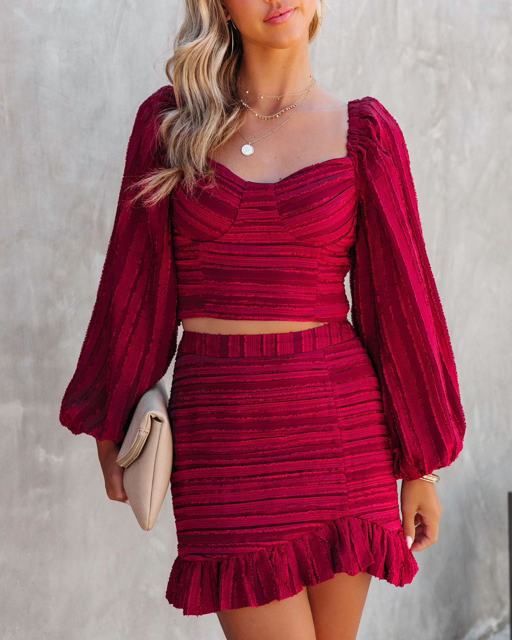 Scarlett Textured Ruffle Mini Skirt - Burgundy Oshnow