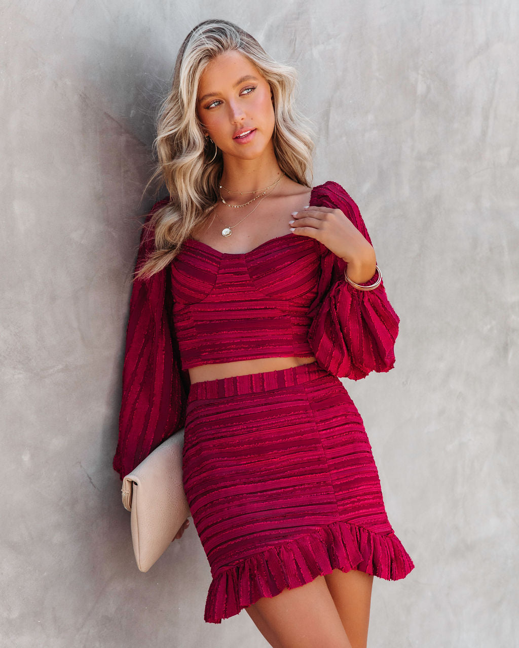 Scarlett Textured Ruffle Mini Skirt - Burgundy Oshnow