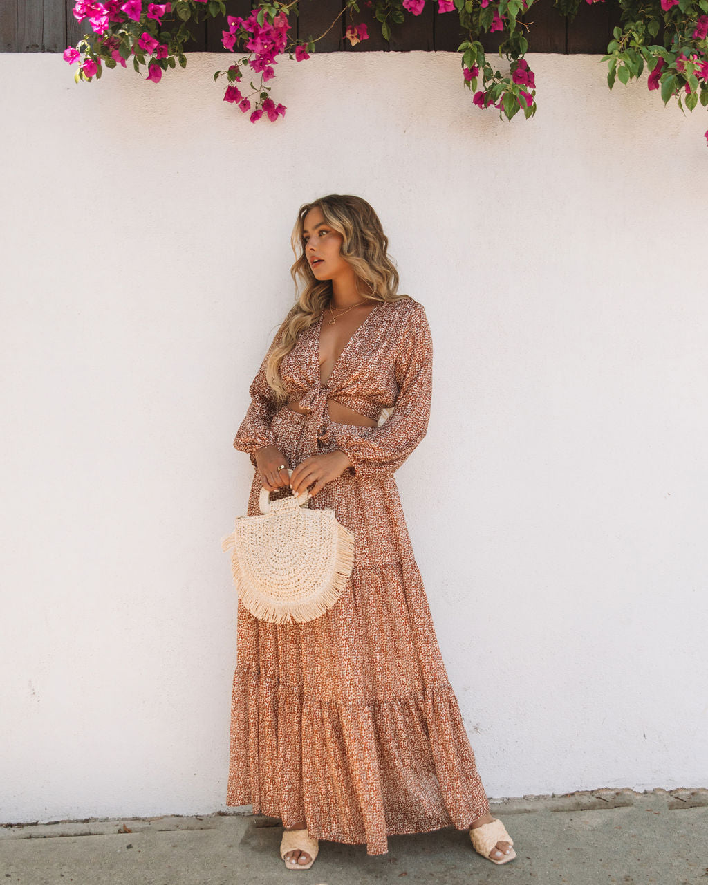 Scenery Printed Tiered Maxi Skirt - Camel Oshnow