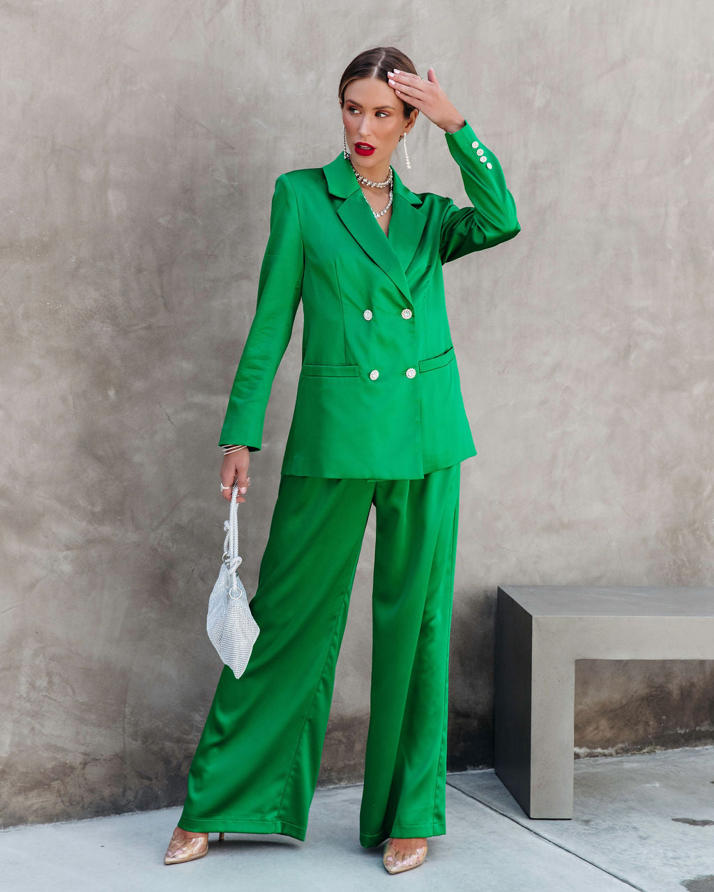 Sensational Queen Satin Embellished Pocketed Wide Leg Pants - Emerald Oshnow