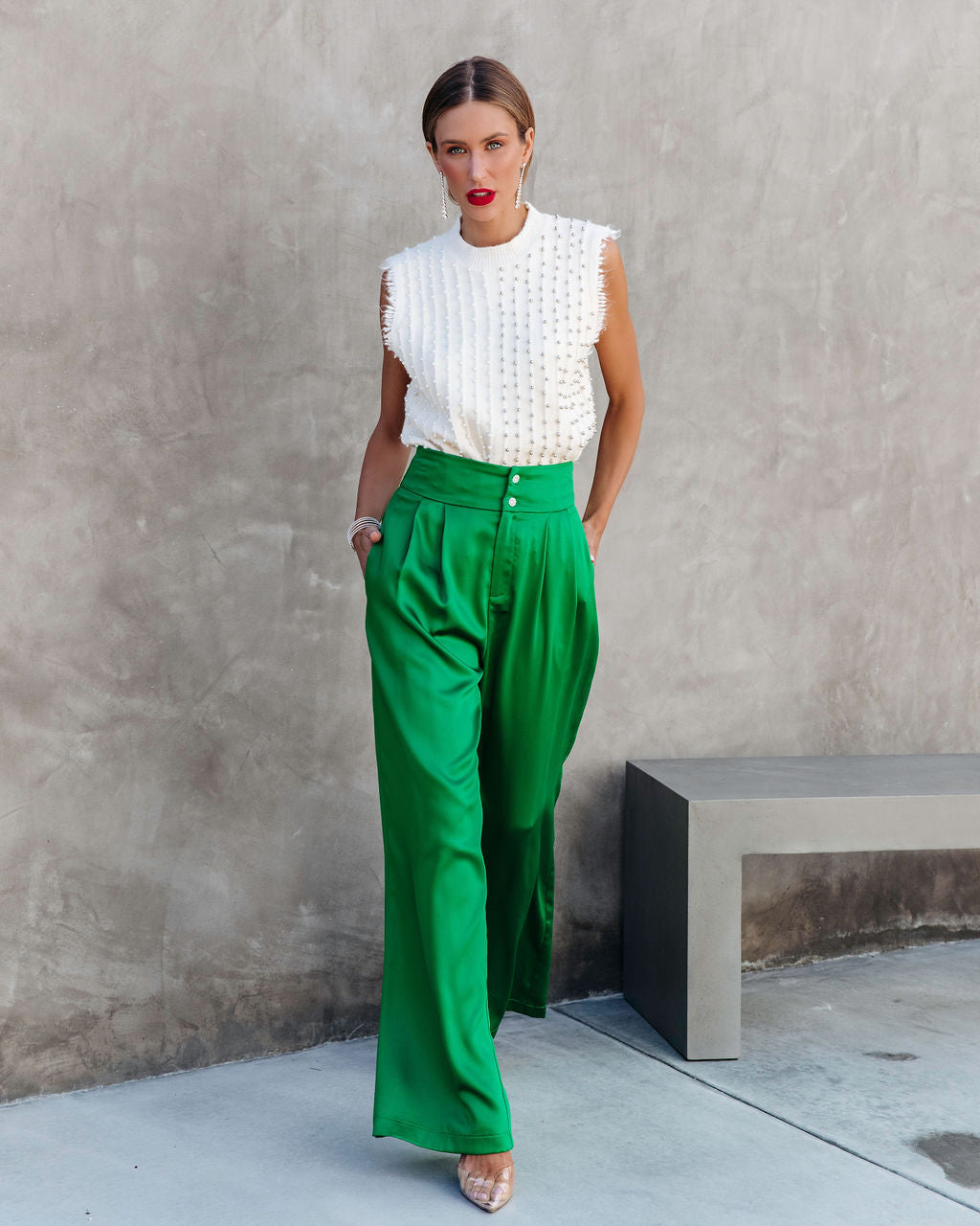 Sensational Queen Satin Embellished Pocketed Wide Leg Pants - Emerald Oshnow