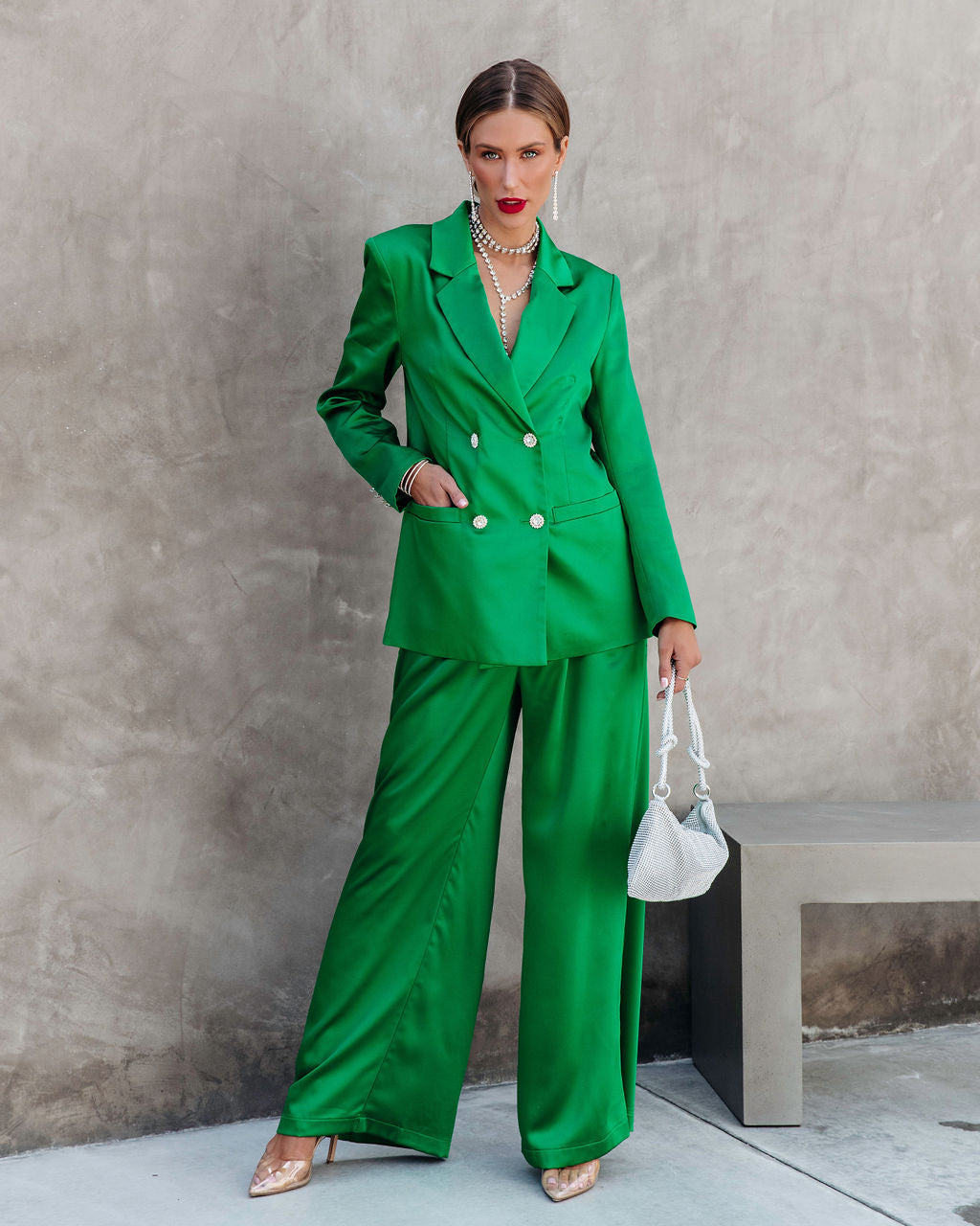 Sensational Queen Satin Embellished Pocketed Wide Leg Pants - Emerald Oshnow