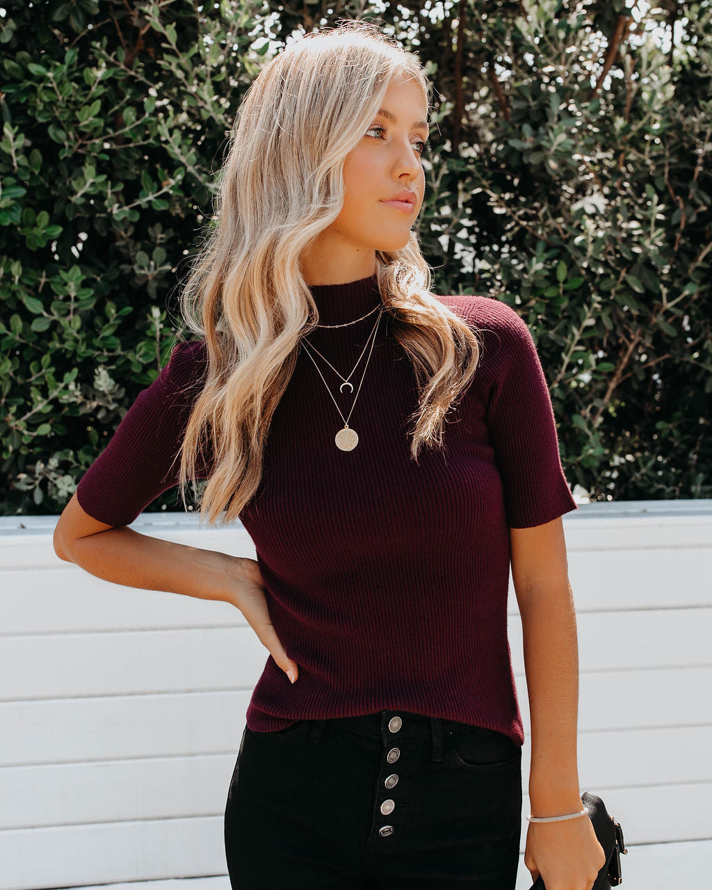 September Mock Neck Ribbed Knit Top - Burgundy Oshnow