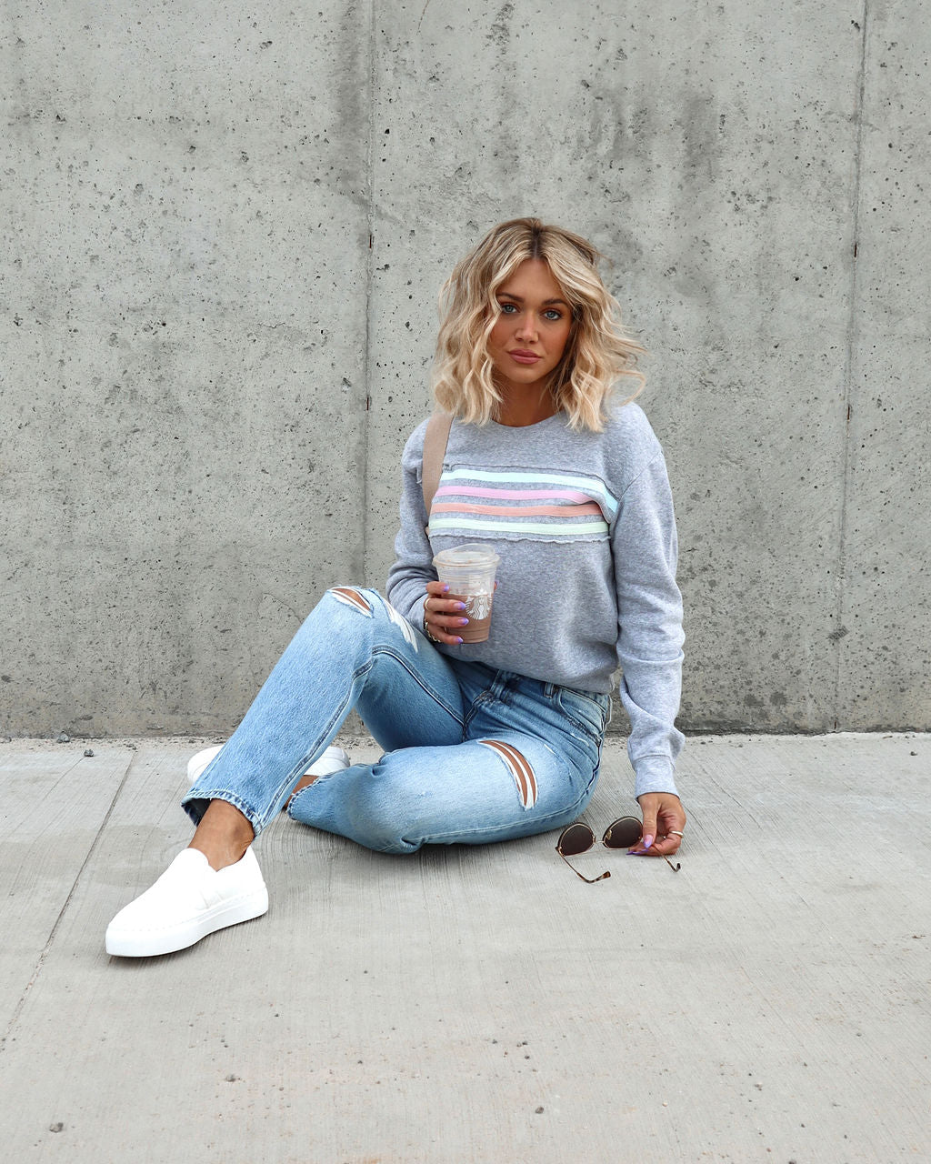 Set The Tone Cotton Blend Stripe Sweatshirt - Heather Grey Oshnow