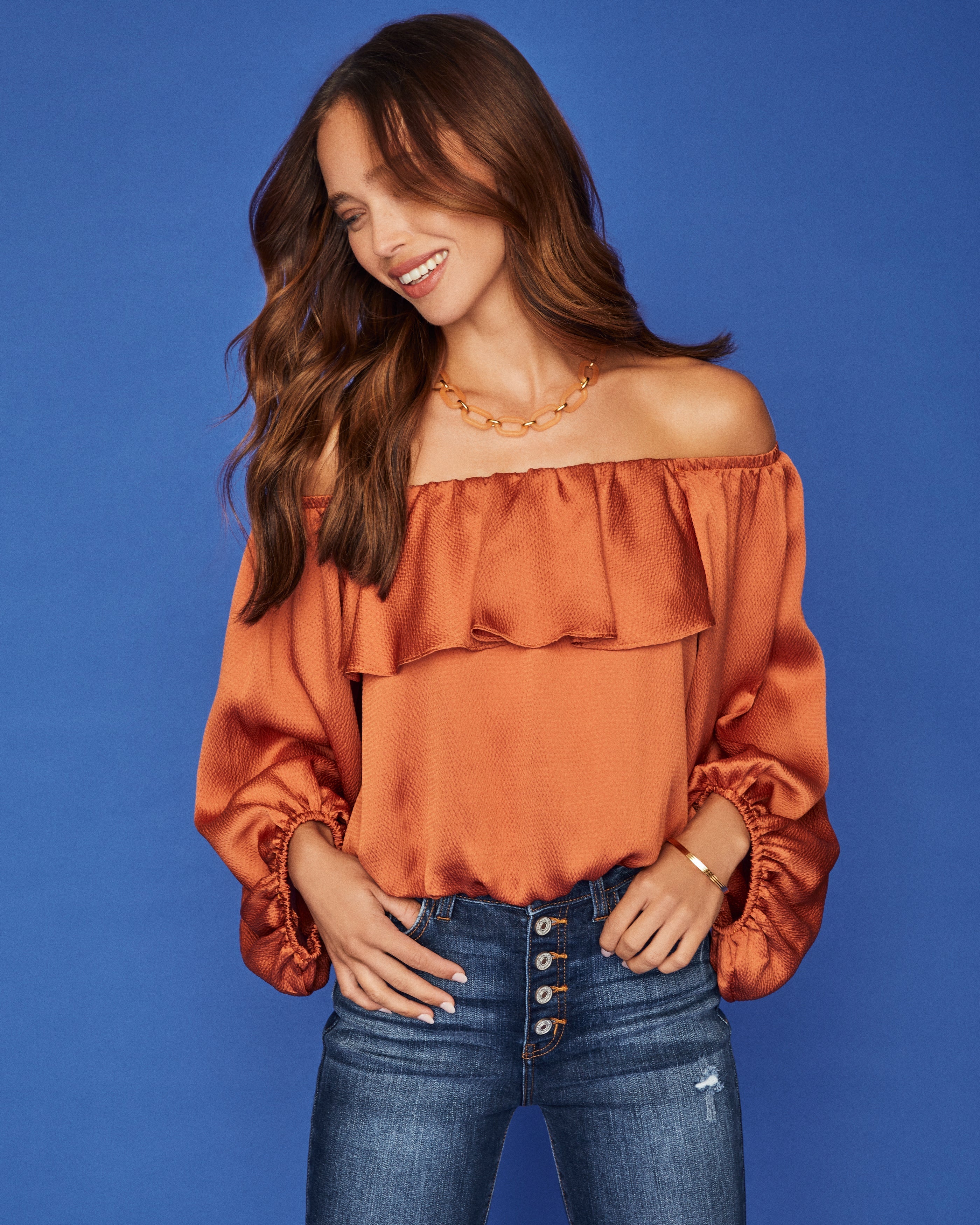 Sevyn Balloon Sleeve Off The Shoulder Blouse - Burnt Orange Oshnow