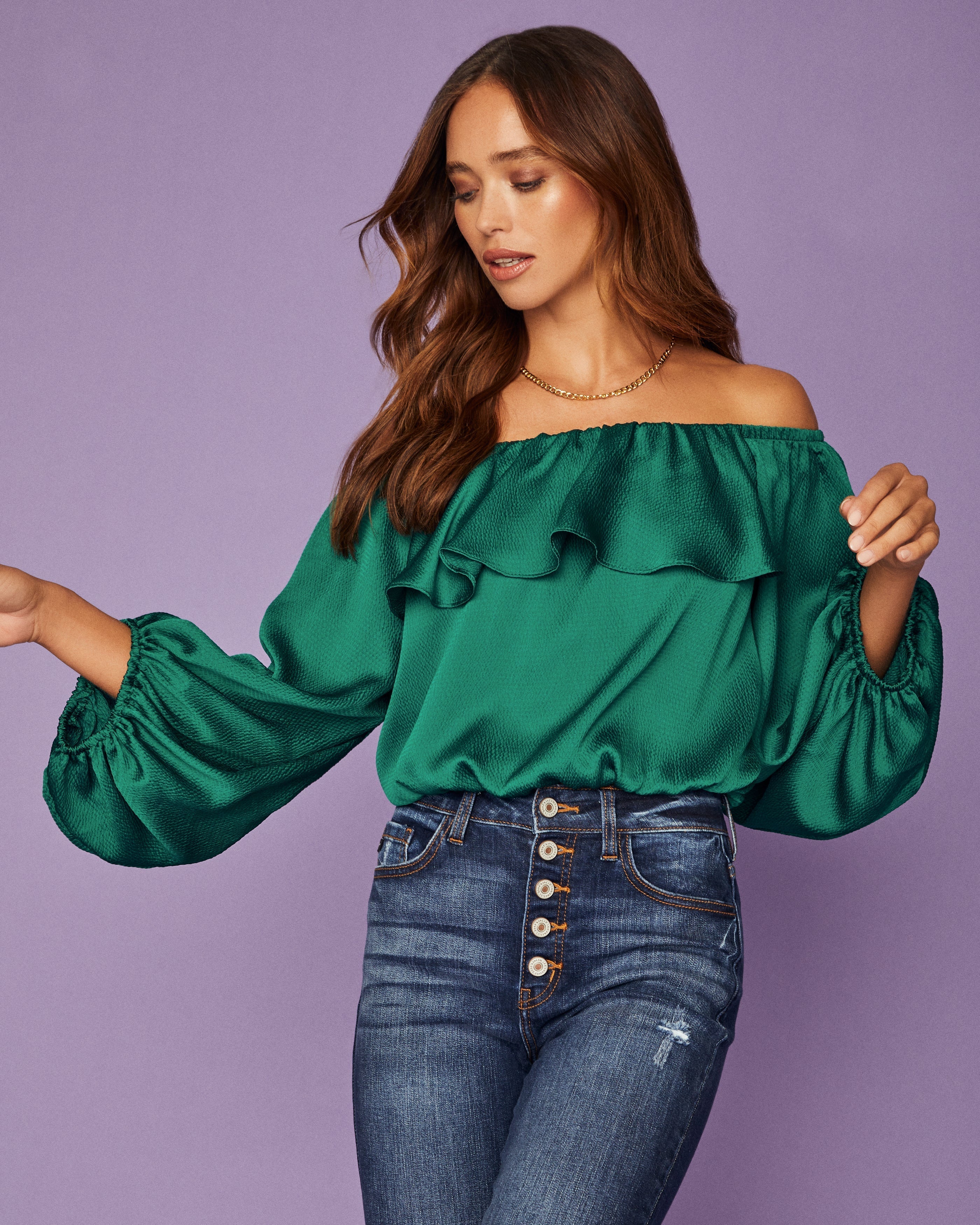 Sevyn Balloon Sleeve Off The Shoulder Blouse - Hunter Green Oshnow