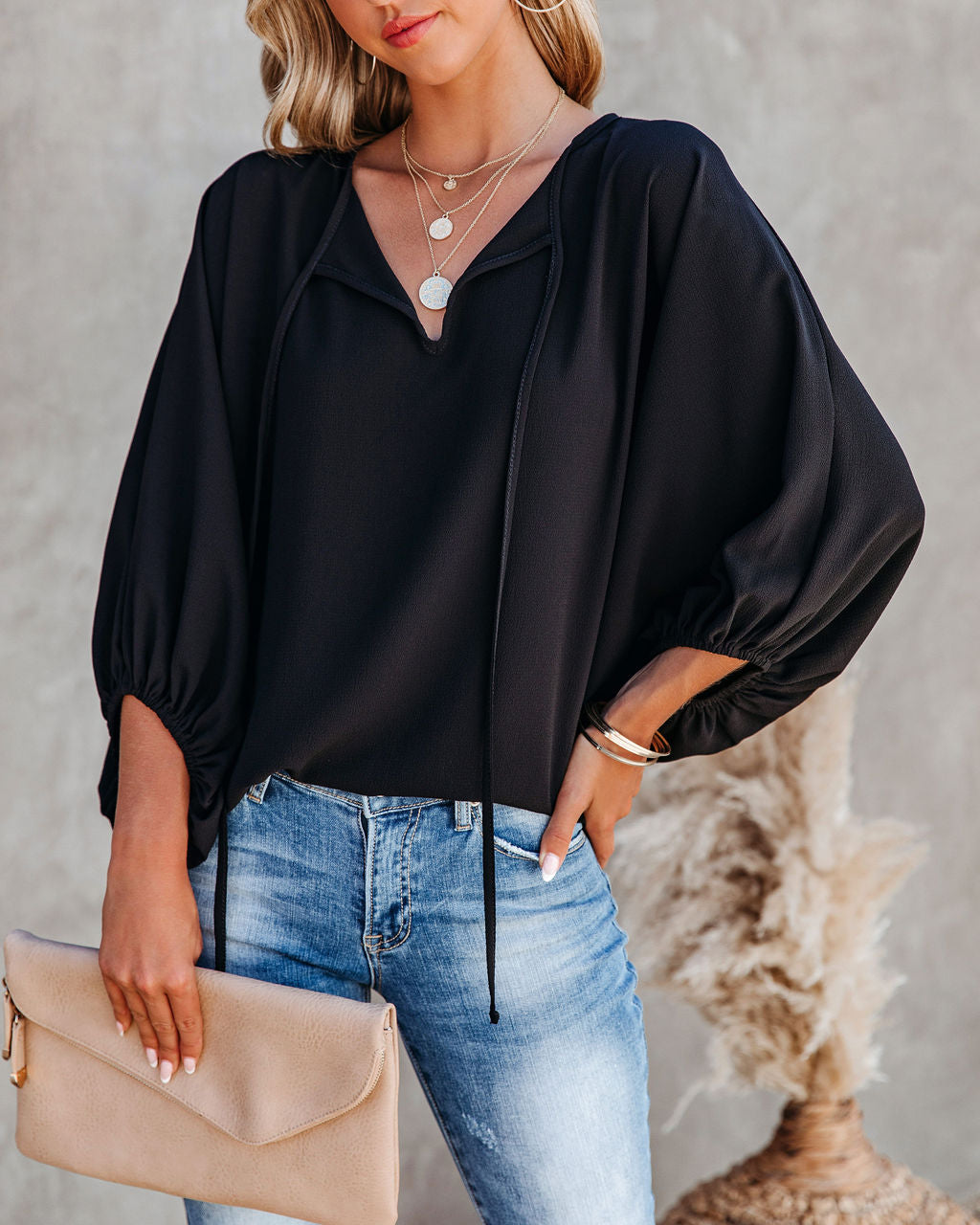 Shary Split Neck Blouse - Black Oshnow