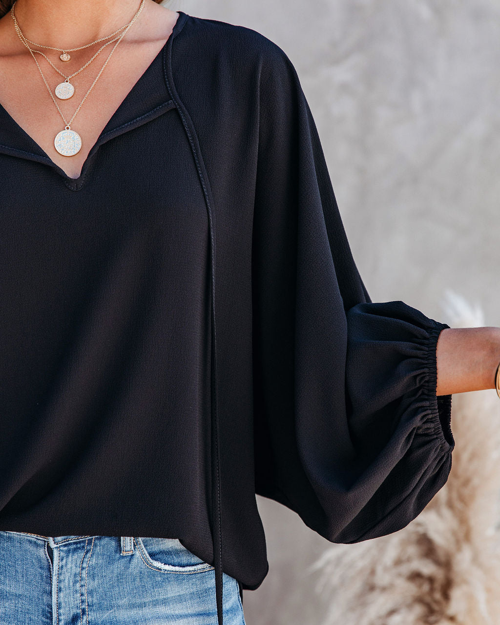 Shary Split Neck Blouse - Black Oshnow