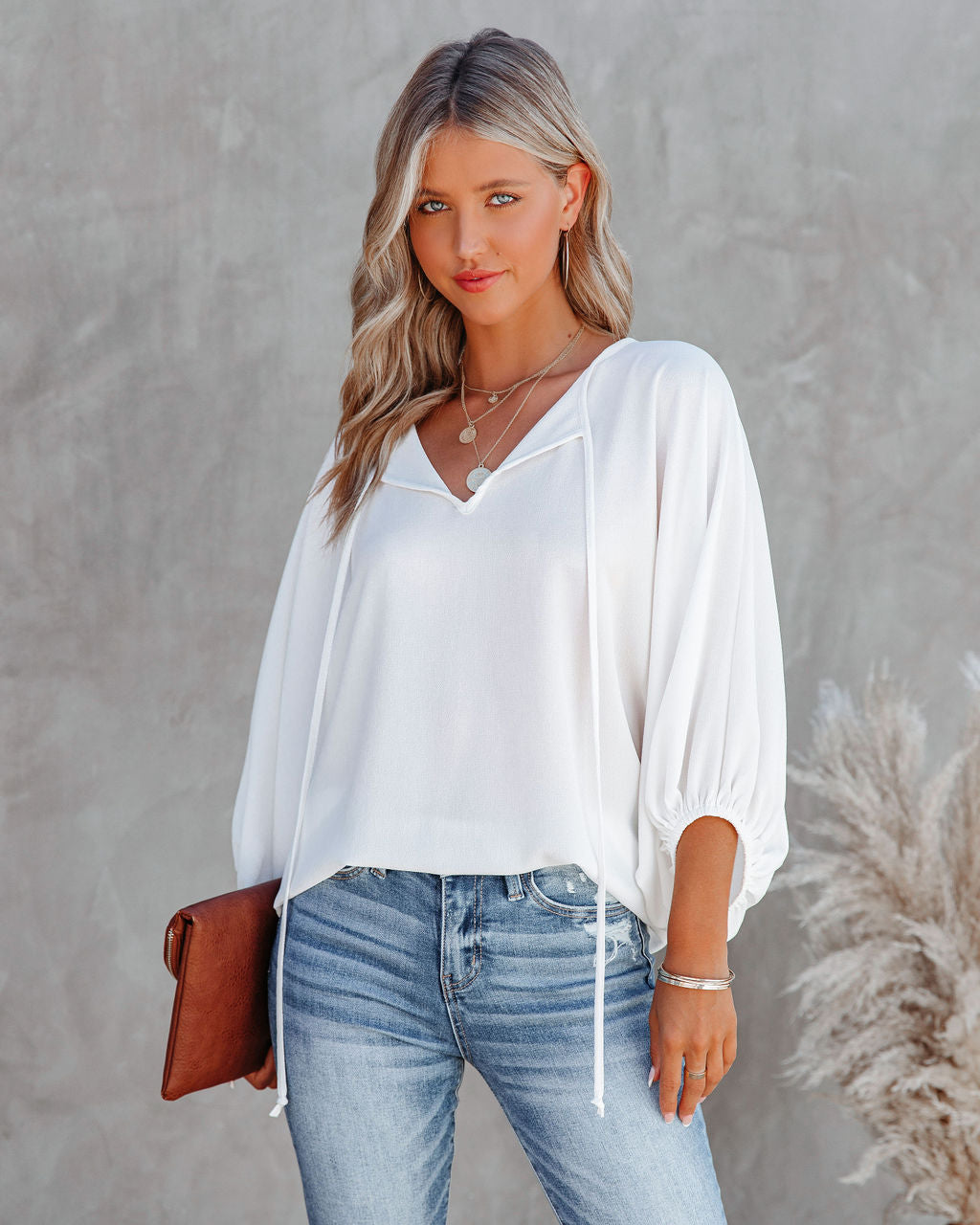 Shary Split Neck Blouse - White Oshnow