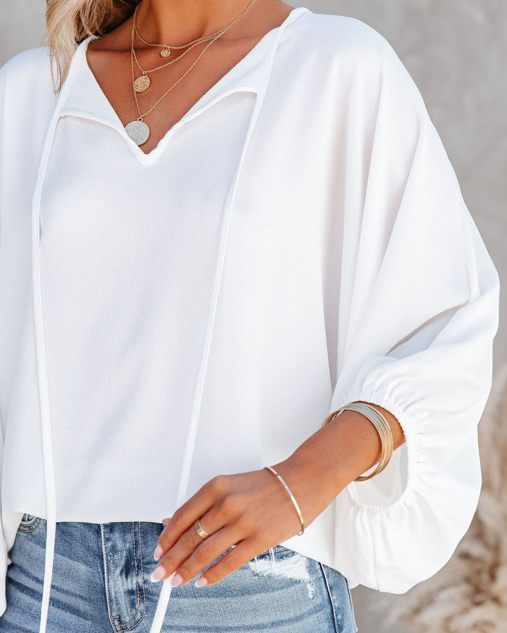 Shary Split Neck Blouse - White Oshnow