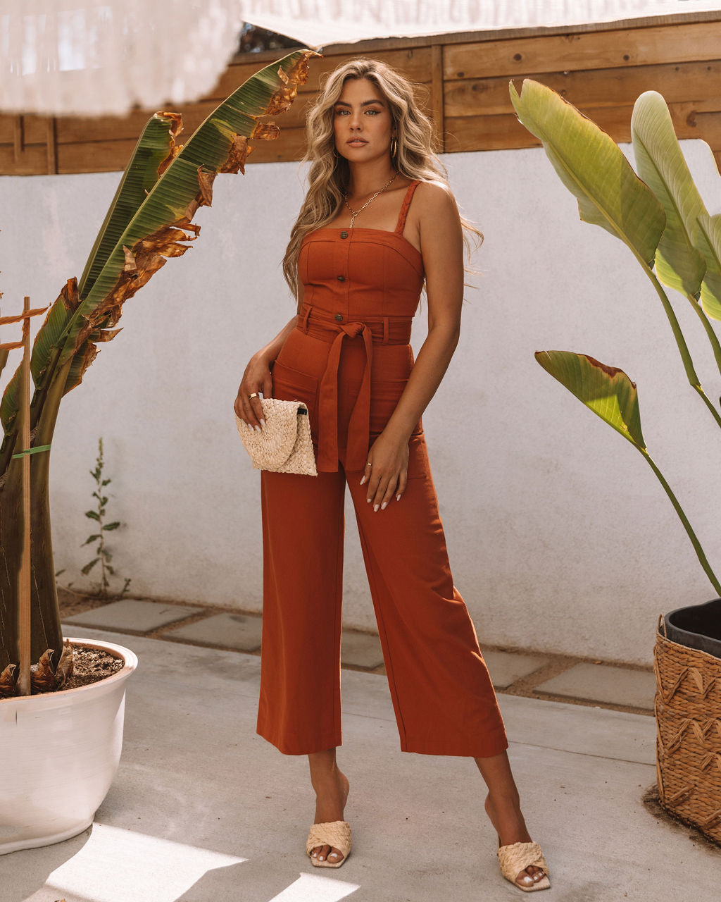 She Is Unstoppable Cotton Pocketed Jumpsuit - Rust Oshnow