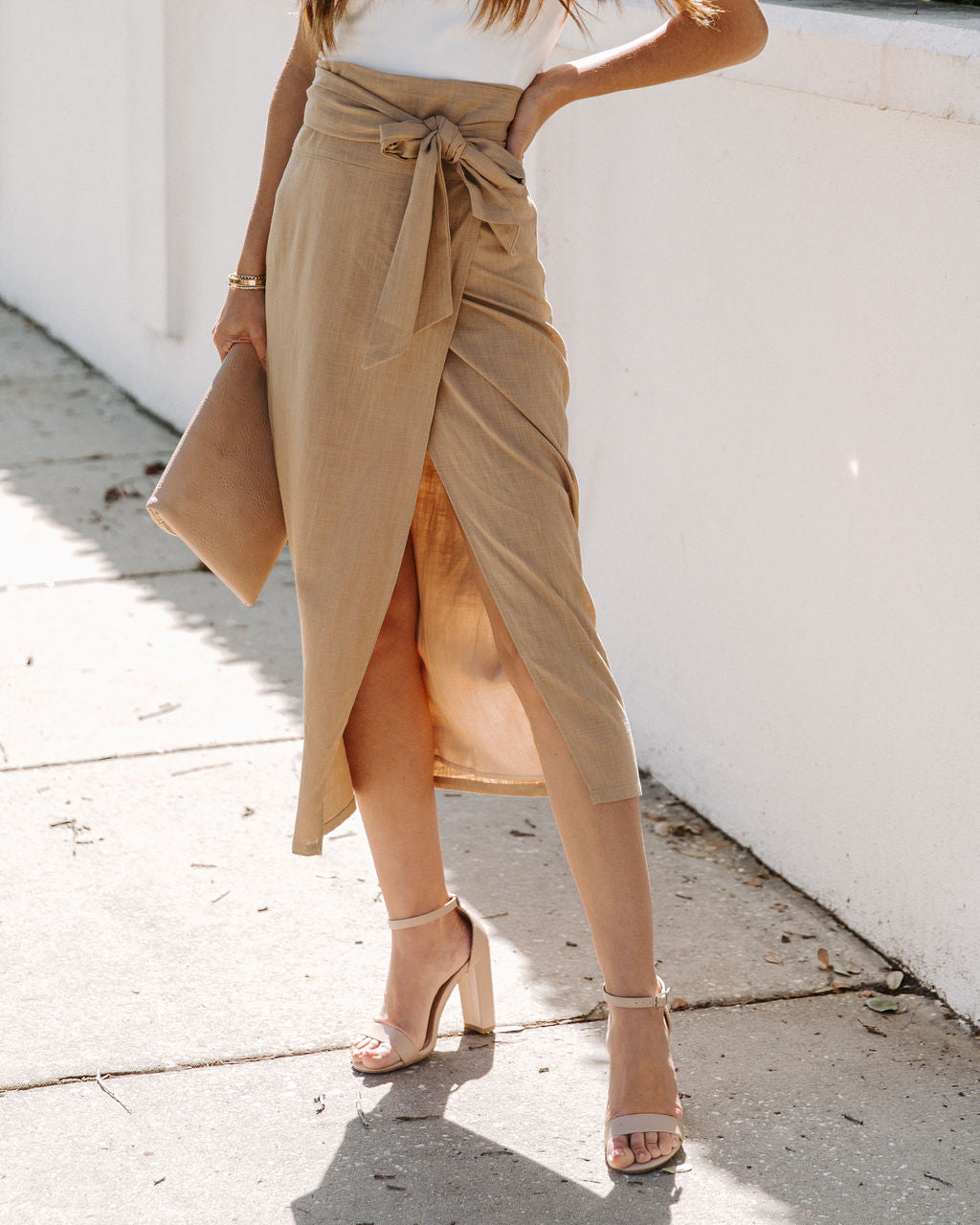 Shelly Linen Blend Wrap Midi Skirt - Khaki Oshnow