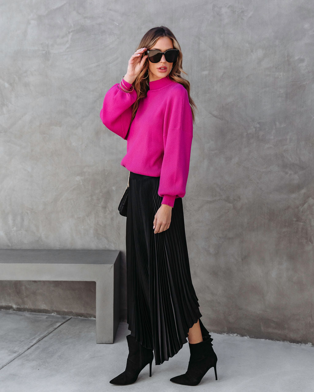 Shiloh Pleated Asymmetrical Midi Skirt - Black  - SALE Oshnow