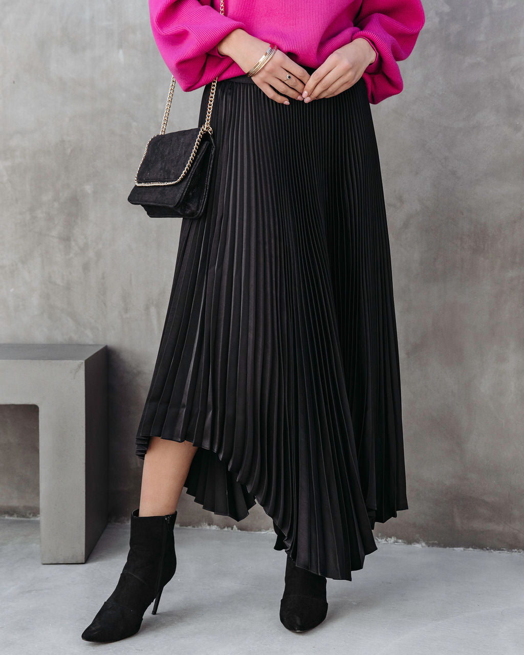 Shiloh Pleated Asymmetrical Midi Skirt - Black  - SALE Oshnow