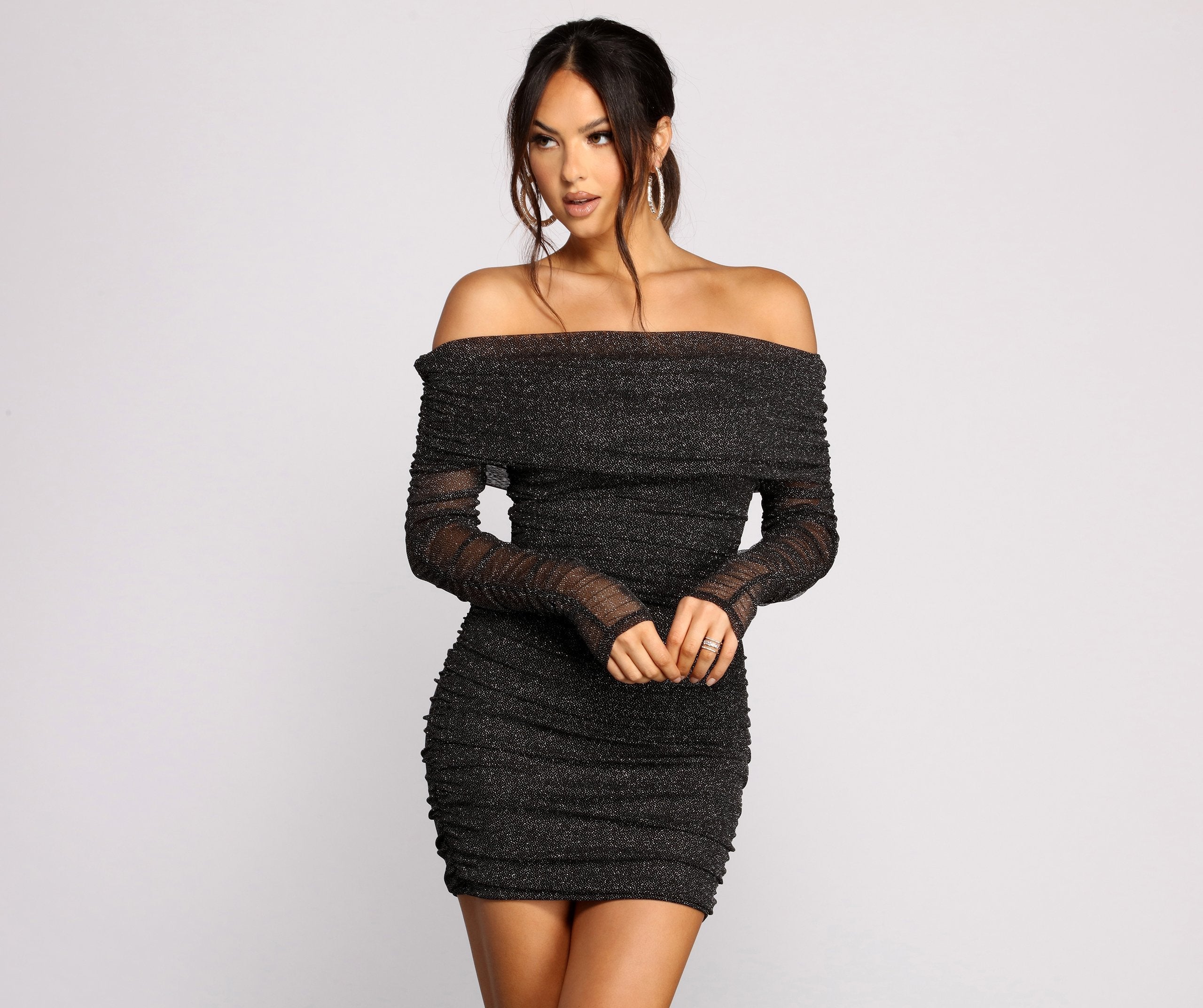 Shimmer Nights Off the Shoulder Glitter Mini Dress Oshnow