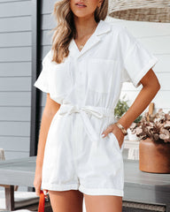 Shoreline Cotton Pocketed Romper - White Oshnow