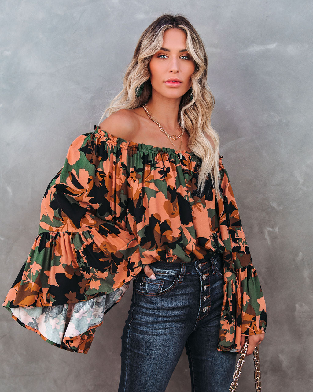 Simba Floral Off The Shoulder Bell Sleeve Top Oshnow