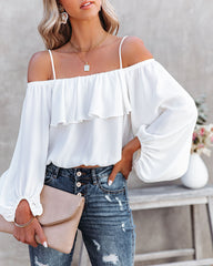 Sincere Balloon Sleeve Cold Shoulder Blouse - White Oshnow