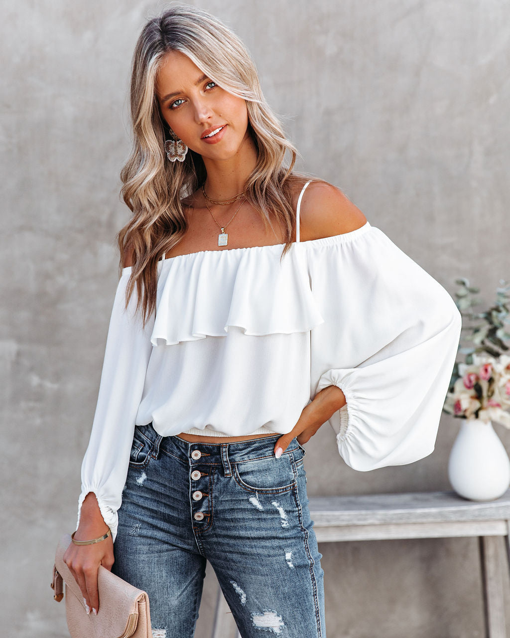 Sincere Balloon Sleeve Cold Shoulder Blouse - White Oshnow