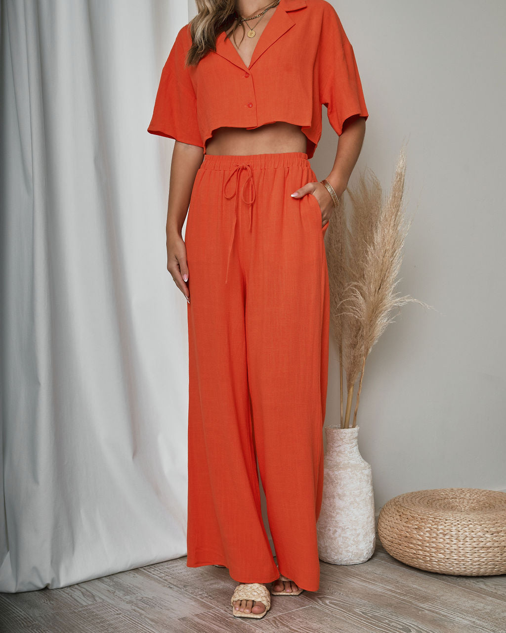 Slice Of Sunshine Pocketed Wide Leg Pants - Orange Oshnow